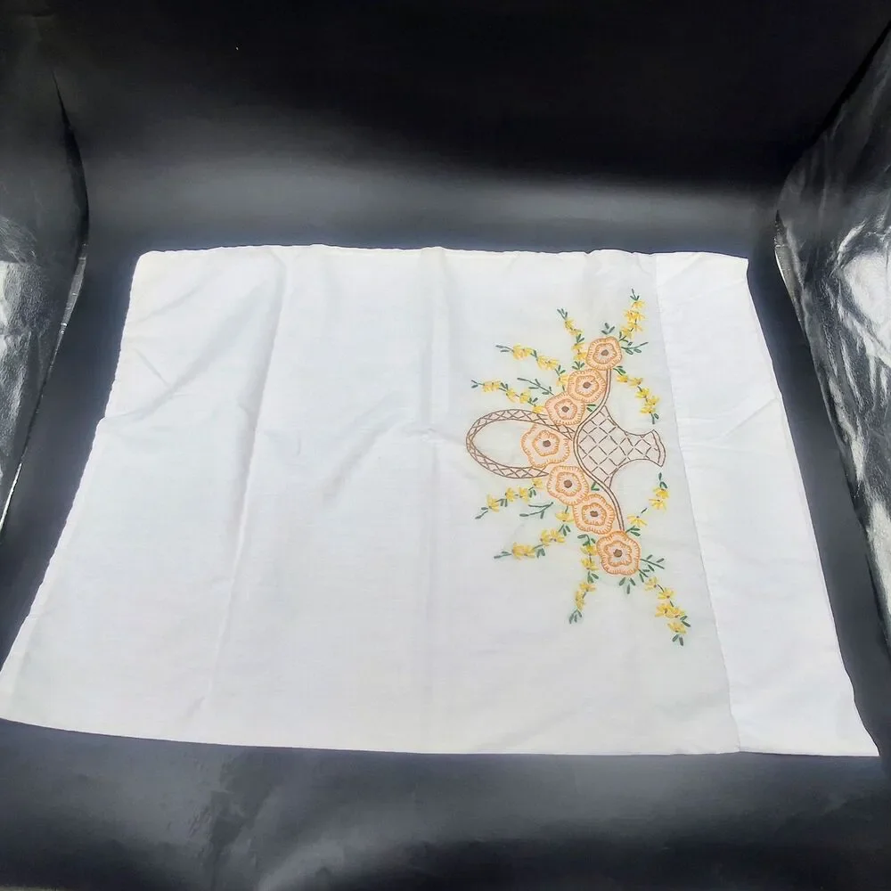 Vintage Pair of Floral Hand Embroidered Pillowcases Basket Of Flower Cottagecore